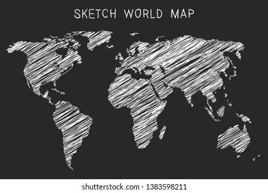 Hand drawn hatched world map. Grunge illustration of white silhouettes world map.