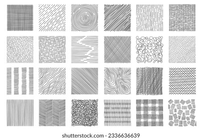 Hand drawn hatching. Hatched squaresdrawing technic, geometric shapes crosshatch strokes, simple doodle sketch design elements. Vector isolated set of hatching set abstract illustration