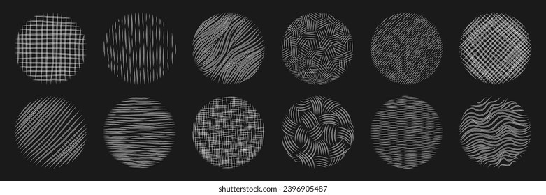 Hand drawn hatching line texture set. Crosshatch, wood, rain, stippling, circle doodle shape. Pencil draw vector illustration.	
