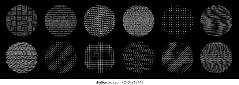 Hand drawn hatching line texture set. Crosshatch, dash, stippling, cross doodle shape. Pencil draw vector illustration.
