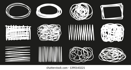 Hand drawn hatching shapes on isolated black background. Chaotic shape with lines. Wavy tangled doodle. Black and white illustration