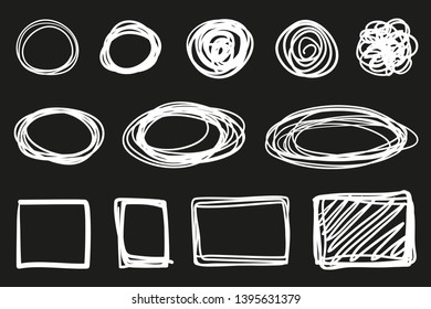 Hand drawn hatching shapes on isolated black background. Wavy tangled doodles. Black and white illustration