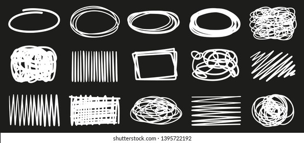 Hand drawn hatching shapes on isolated black background. Abstract tangled doodles. Black and white illustration