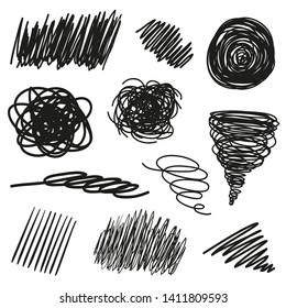 Hand drawn hatching shapes on isolated white background. Geometric chaotic shape with lines. Wavy tangled doodle. Black and white illustration