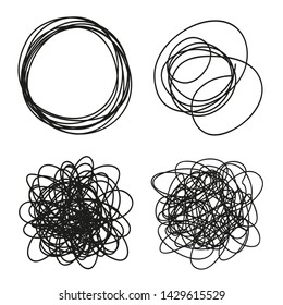 Hand drawn hatching shapes on isolated white background. Wavy tangled doodles. Black and white illustration