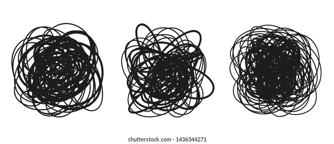 Hand drawn hatching shapes on isolated white background. Wavy tangled doodles. Black and white illustration