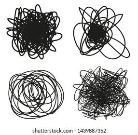 Hand drawn hatching shapes on isolated white background. Wavy tangled doodles. Black and white illustration