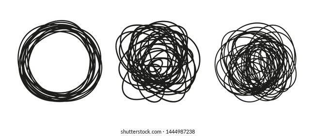 Hand drawn hatching shapes on isolated white background. Wavy tangled doodles. Black and white illustration