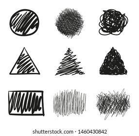 Hand drawn hatching shapes on isolated white background. Wavy tangled doodles. Black and white illustration
