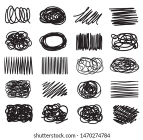Hand drawn hatching shapes on isolated white background. Abstract graphic samples. Wavy tangled doodles. Black and white illustration