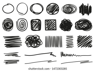 Hand drawn hatching shapes on isolated white background. Wavy tangled doodles. Black and white illustration