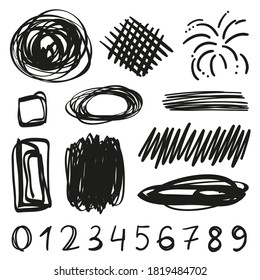 Hand drawn hatching shapes on isolated white background. Abstract doodles. Black and white illustration