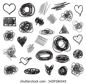 Hand drawn hatching signs and shapes on isolated white background. Abstract hearts and balls. Wavy tangled doodles. Black and white illustration