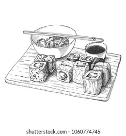 Hand drawn hatching sushi set on wooden board, isolated on white background. Vintage etching monochrome food design.