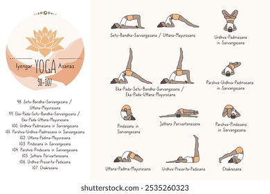 Posições de hatha desenhadas à mão e seus nomes sânscritos, Iyangar yoga asanas 98-107