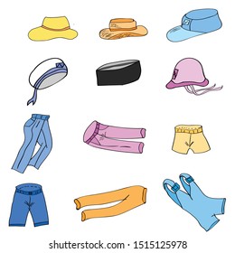 Hand drawn hats and clotings Doodle set on Isolated White Background. straw hat,cap, beret, skullcap, bonnet, trousers, pants, shorts, breeches, knickers, slacks, overaiis.