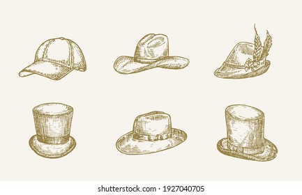 Hand Drawn Hats Vector Illustrations Collection. Head Wear Sketches Set. Isolated.