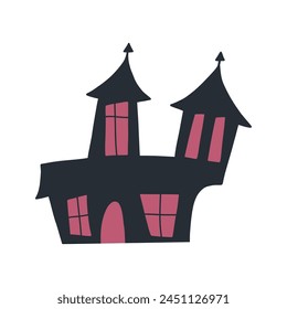 Hand drawn haunted house, cartoon flat vector illustration isolated on white background. Spooky Halloween and autumn decoration element.