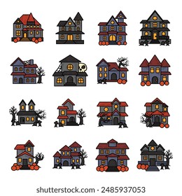 Hand Drawn Haunted House Colored Set