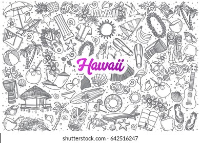 Hand drawn Hawaii doodle set background with purple lettering in vector