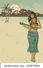 Hand drawn of Hawaiian Lei playing ukulele on watercolor background, EPS10 vector