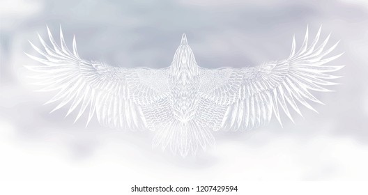 Hand drawn hawk in the cloudy sky.Symbol of freedom.Watercolor backdrop with white raven.Abstract background blue. Cloudy sky background with bird. Vector illustration. Graphic design invitation card.