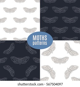 Hand drawn hawk moth vector seamless patterns set