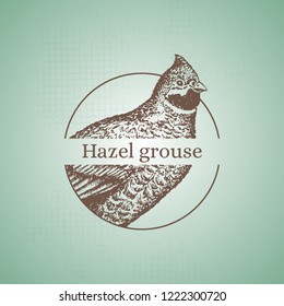 Handgezeichnetes Haselhahn-Schild. Gravur-Stil. Stempel-Idee. Einzeln auf Hintergrund. Vektorgrafik. "Hazel Grouse"-Satz.