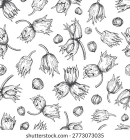 Hand drawn Hazelnut bunch seamless pattern. Monochrome organic nuts vector ornate. Botanical illustration of forest plants for textile print, packaging design, and food ingredient graphic