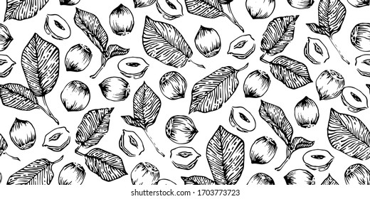 Hand drawn hazelnuts seamless vector illustration, black ink drawing sketch pattern on white background.