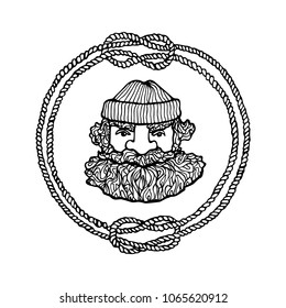 Hand drawn head of bearded man with knitted cap on in round frame made of knotted rope. Vector illustration of manly north fisherman. Heavy contour, graphic style.