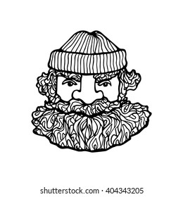 Hand drawn head of bearded man with knitted cap on. Vector illustration of manly north fisherman or lumberjack. Heavy contour, graphic style.