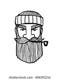 Hand drawn head of bearded man with knitted cap on and smoking pipe. Vector illustration of manly north fisherman or lumberjack. Heavy contour, graphic style.