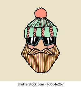 Hand drawn head of bearded man with knitted cap on and sunglasses. Vector illustration of manly north fisherman or lumberjack. Heavy contour, graphic style.