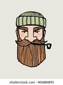 Hand drawn head of bearded man with knitted cap on and smoking pipe. Vector illustration of manly north fisherman or lumberjack. Heavy contour, graphic style.