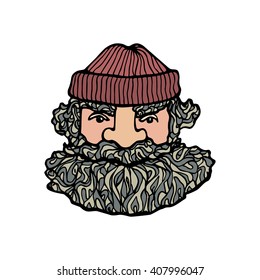 Hand drawn head of bearded man with knitted cap on. Vector illustration of manly north fisherman or lumberjack. Heavy contour, graphic style.