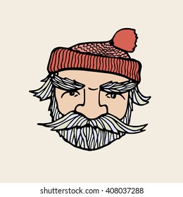 Hand drawn head of bearded man with knitted cap on. Vector illustration of manly north fisherman or lumberjack. Heavy contour, graphic style.