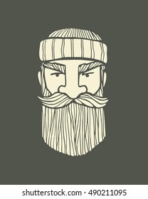 Hand drawn head of bearded man with knitted cap on. Vector illustration of manly north fisherman or lumberjack. Heavy contour, graphic style.