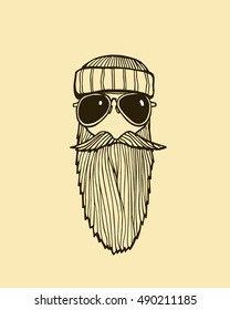 Hand drawn head of bearded man with knitted cap and sunglasses. Heavy contour, graphic style.