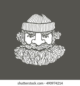 Hand drawn head of bearded man with knitted cap on. Vector illustration of manly north fisherman or lumberjack. Heavy contour, graphic style.