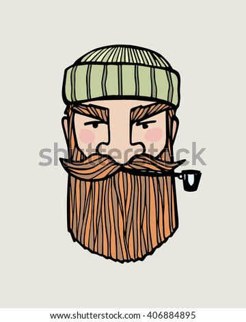 Hand drawn head of bearded man with knitted cap on and smoking pipe. Vector illustration of manly north fisherman or lumberjack. Heavy contour, graphic style.