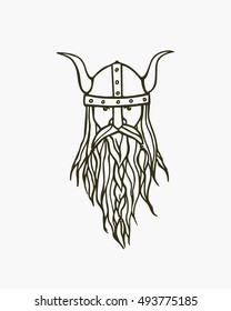 Hand drawn head of bearded viking with helmet on. Vector illustration of northern rough warrior. Heavy contour, graphic style.