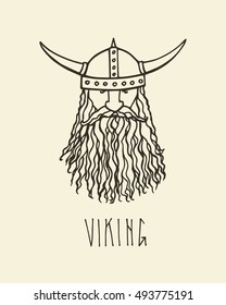 Hand drawn head of bearded viking with helmet on. Vector illustration of northern rough warrior. Heavy contour, graphic style.