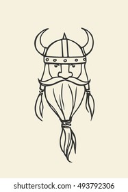 Hand drawn head of bearded viking with helmet on. Vector illustration of northern rough warrior. Heavy contour, graphic style.