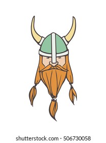 Hand drawn head of bearded viking with helmet on. Vector illustration of northern rough warrior. Heavy contour, graphic style.