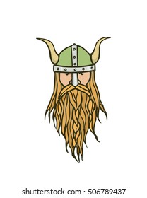 Hand drawn head of bearded viking with helmet on. Vector illustration of northern rough warrior. Heavy contour, graphic style.