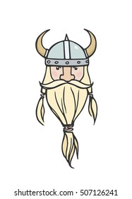 Hand drawn head of bearded viking with helmet on. Vector illustration of northern rough warrior. Heavy contour, graphic style.