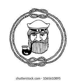 Hand drawn head of captain's head in round frame made of knotted rope. Vector illustration of manly north fisherman. Heavy contour, graphic style.