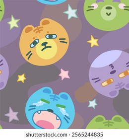 a hand drawn head cats cartoon with expression seamless background