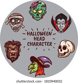 hand drawn head character of halloween stickers